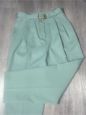 Vintage 80s Principles Petite Mint Green Pleated Tapered Pants Gold Belt Medium